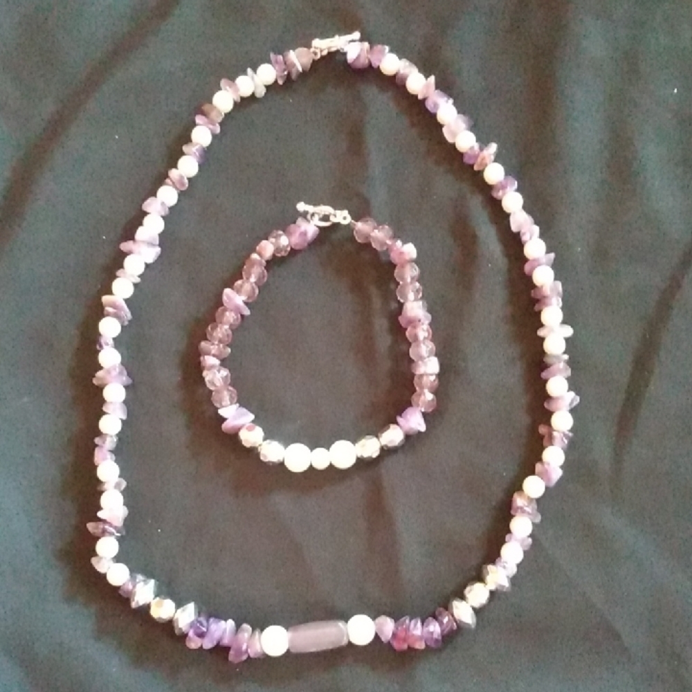 Amethyst-Tone Beaded Necklace & Bracelet Set by